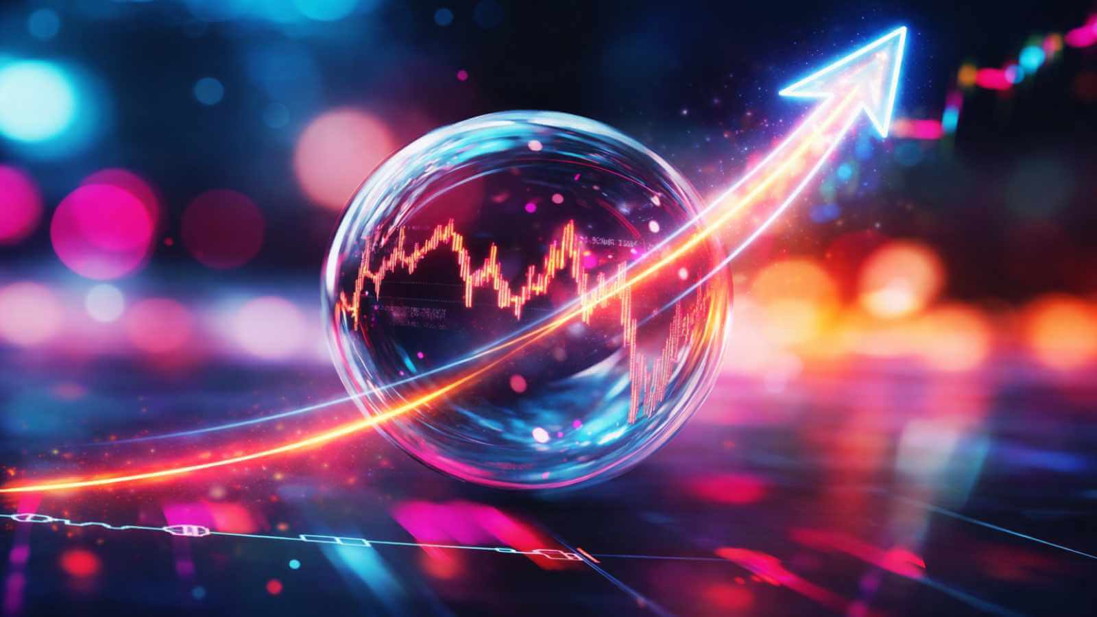 A futuristic digital image depicting a glowing sphere with an upward arrow, symbolising dynamic brand growth and energy.