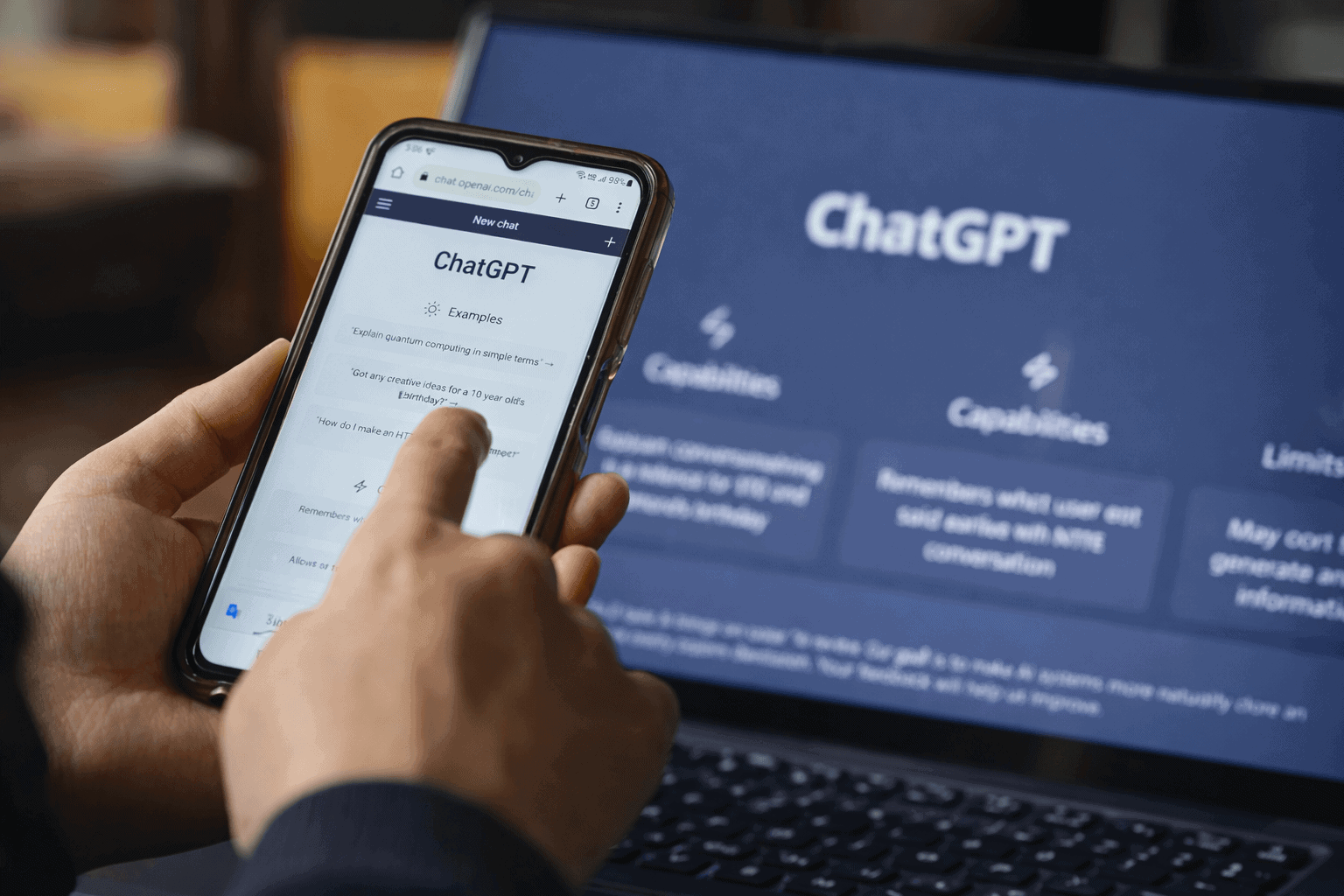An image showing a person using a smartphone to access ChatGPT alongside a laptop displaying the ChatGPT interface, illustrating AI-powered conversational technology.