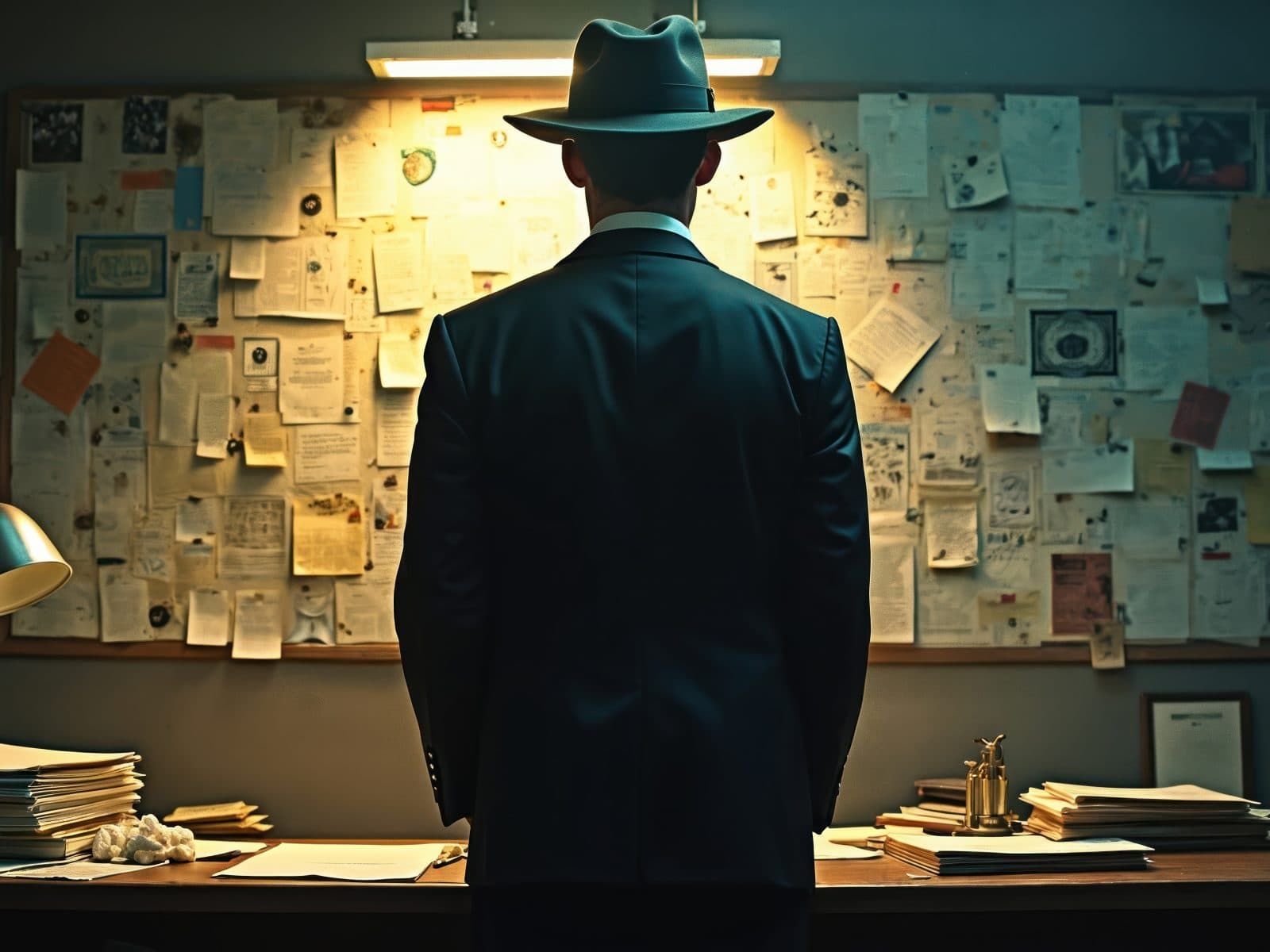 A detective in a suit and hat stands in front of a bulletin board filled with notes and photographs during a police investigation workshop.