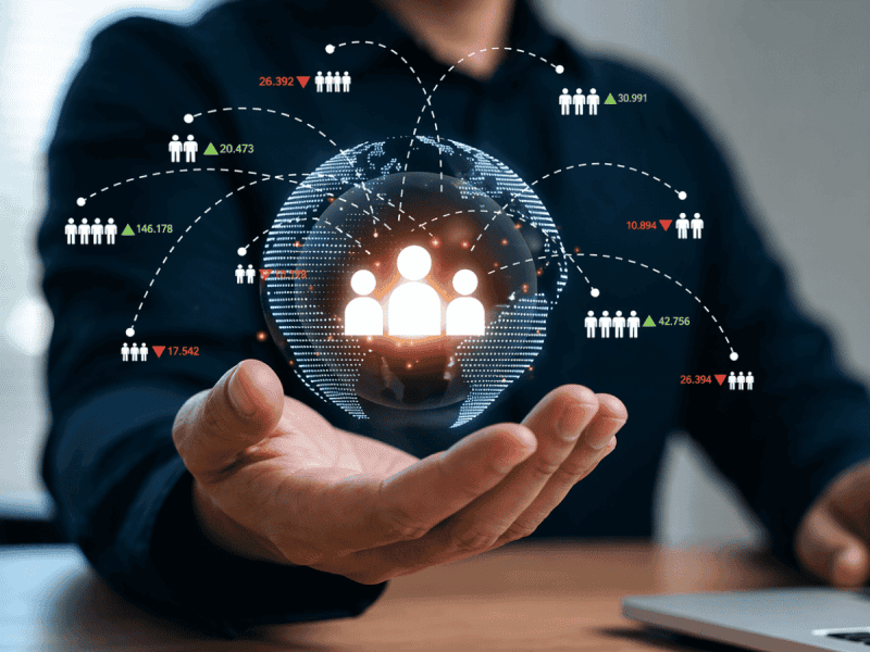 Illustration showing B2B and consumer segmentation with icons representing different target groups and data analytics, highlighting differences in marketing strategies.