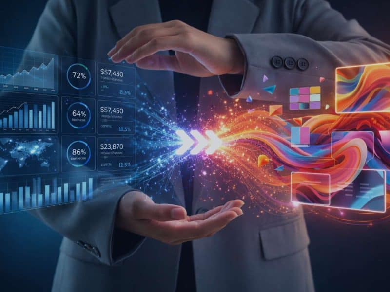 An individual in a business suit interacts with digital data visualisations, including graphs and colourful data streams, representing advanced analytics and technology integration.