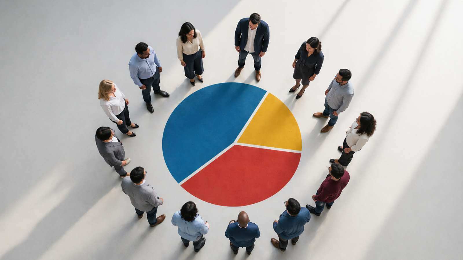 Business professionals gathered around a pie chart illustrating B2B segmentation strategies for targeted content and marketing efforts.