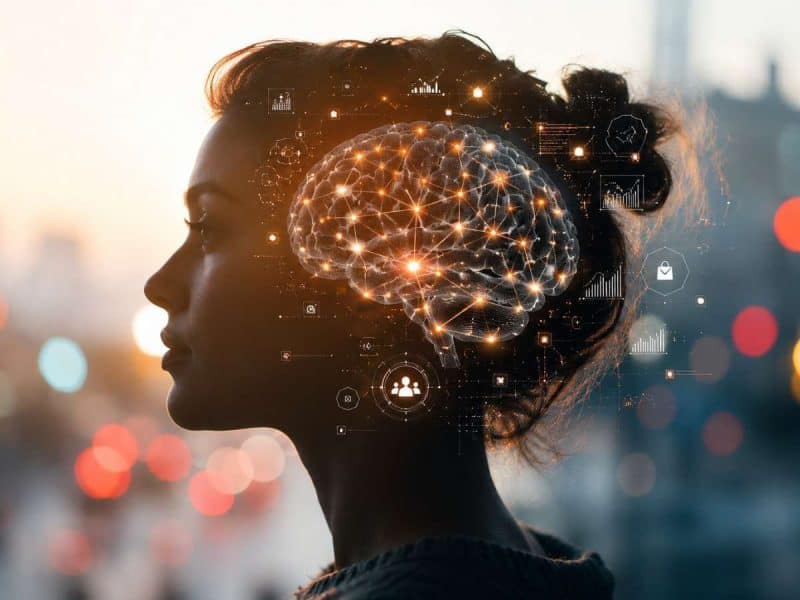 An image of a woman's profile with a digital brain overlay, symbolising advanced brain-computer interface technology and neural connectivity.