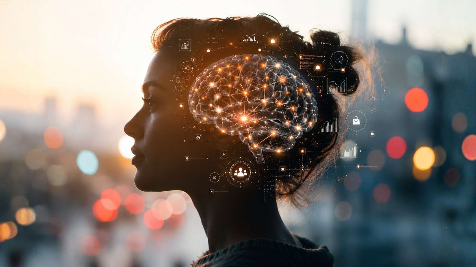 An image of a woman's profile with a digital brain overlay, symbolising advanced brain-computer interface technology and neural connectivity.