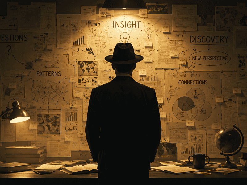 An ALT tag describing a person analysing data on a wall of charts and notes.