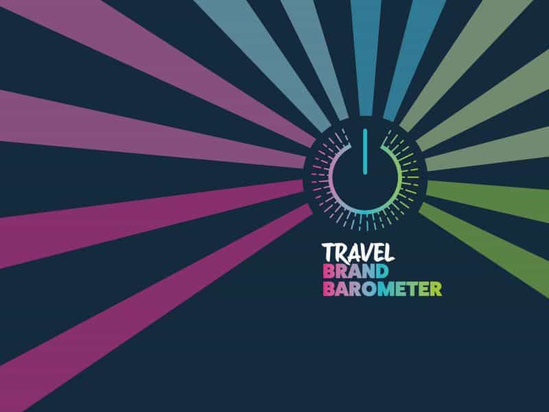 Travel Brand Barometer logo with colourful radiating lines and a clock icon on a dark background.