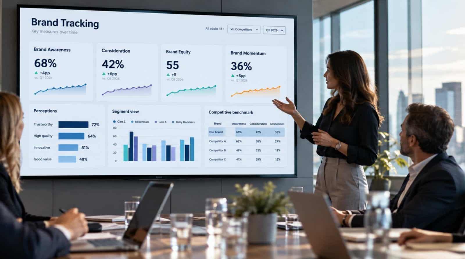 Businesswoman presenting brand tracking data on a large screen to a team in a modern office.