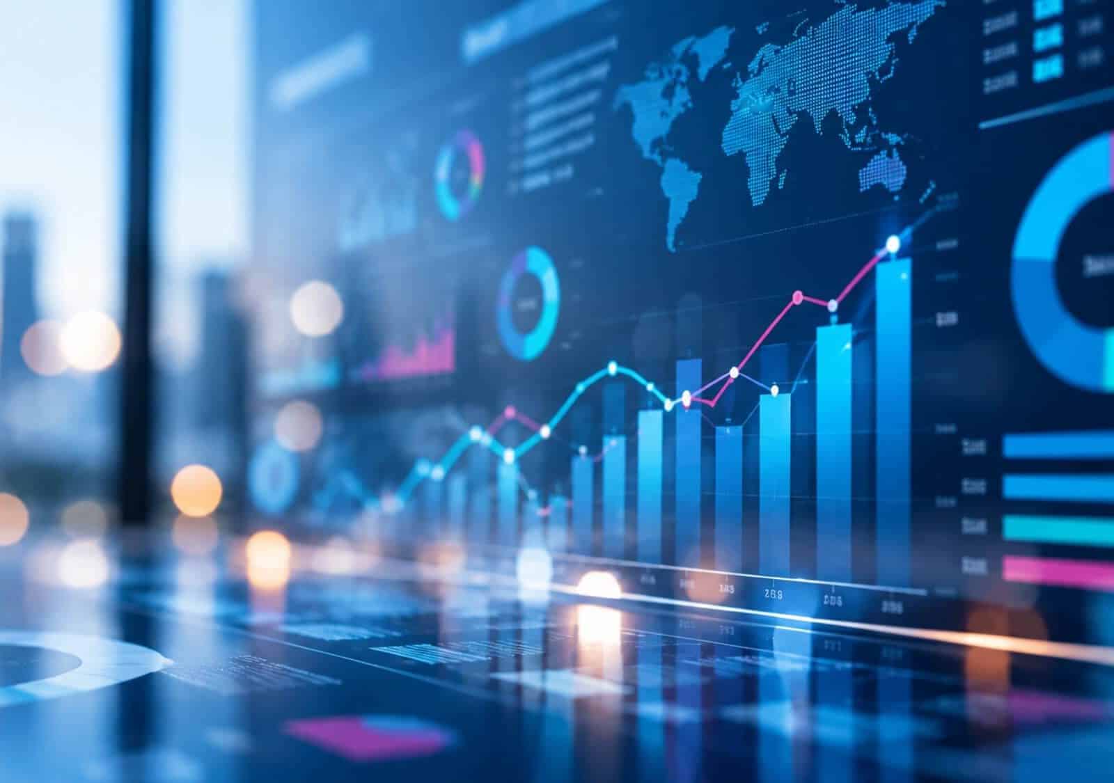 Data analytics dashboard displaying global market trends and performance metrics with colourful charts and graphs.