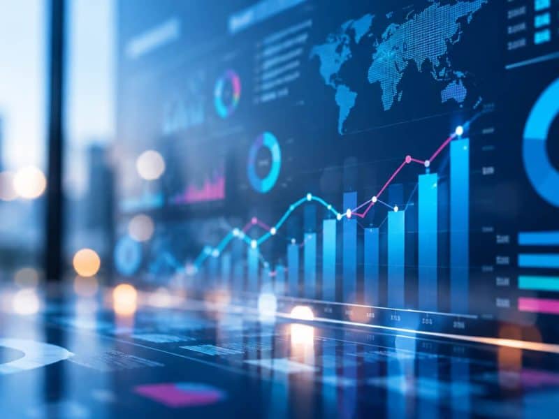 Data analytics dashboard displaying global market trends and performance metrics with colourful charts and graphs.